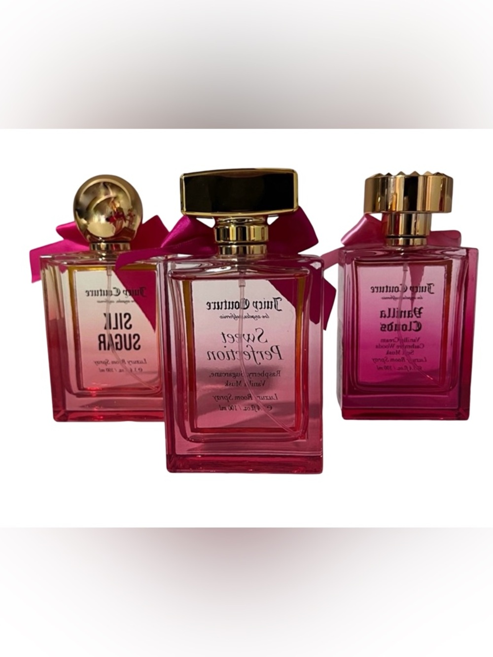 Juicy Couture NWT Classic Juicy Pink Glass Room Spray Trio with Pink Bows - Picture 2 of 9
